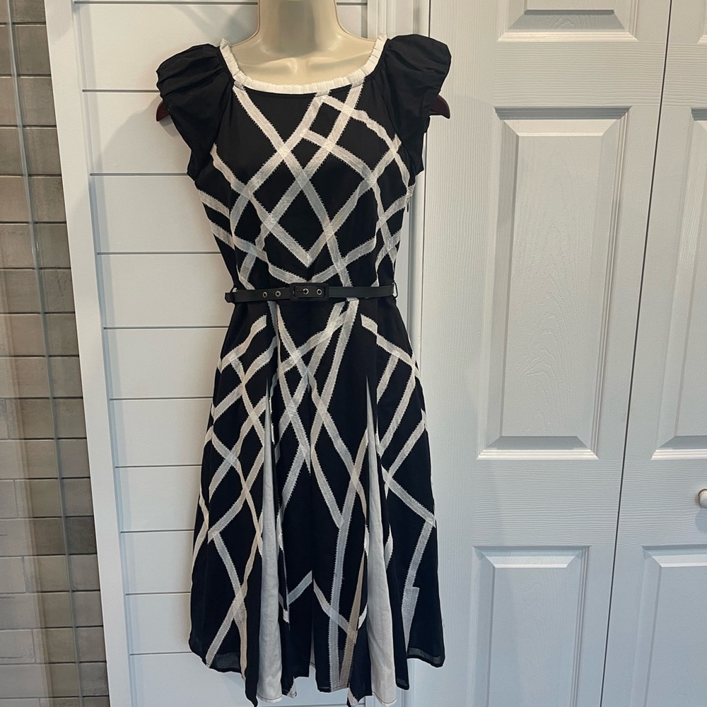 Catherine Malandrino Black and White Geometric Midi Dress